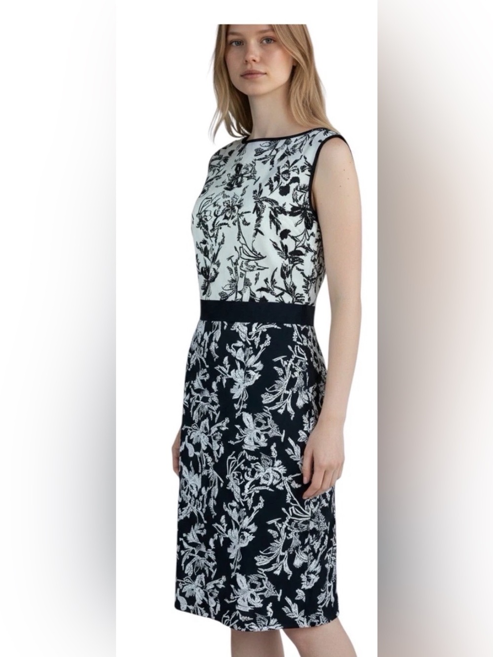 Tadashi Shoji Black & White Embroidered Floral Sleeveless Sheath Dress